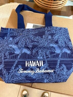 Tommy Bahama Navy and Light Blue Palm-Print Shoulder Tote